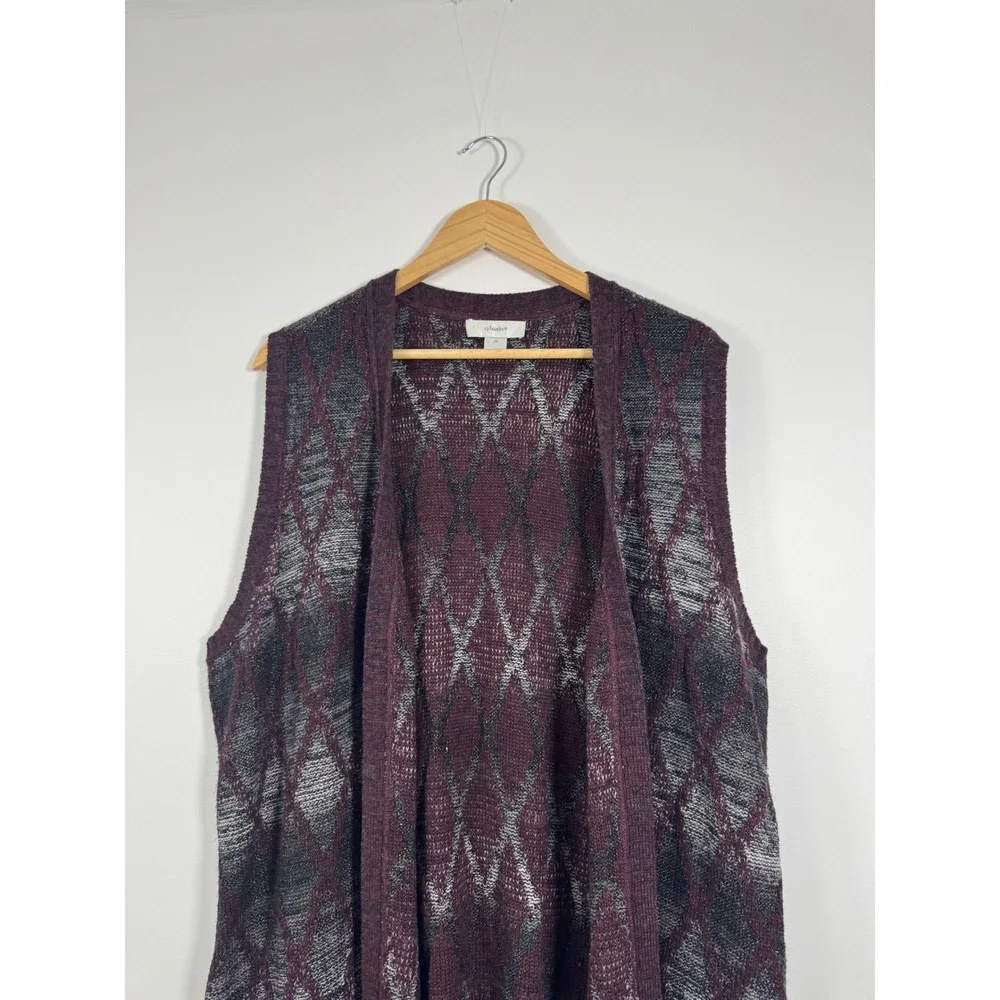 CJ Banks Sweater Vest Women 2X Purple Argyle Knit Open‎ Front Longline Cardigan